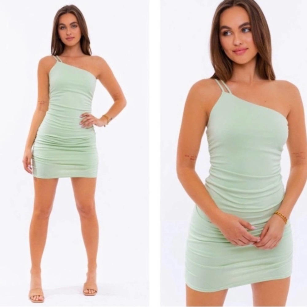Sage Green One Shoulder Ruched Bodycon Mini Dress
